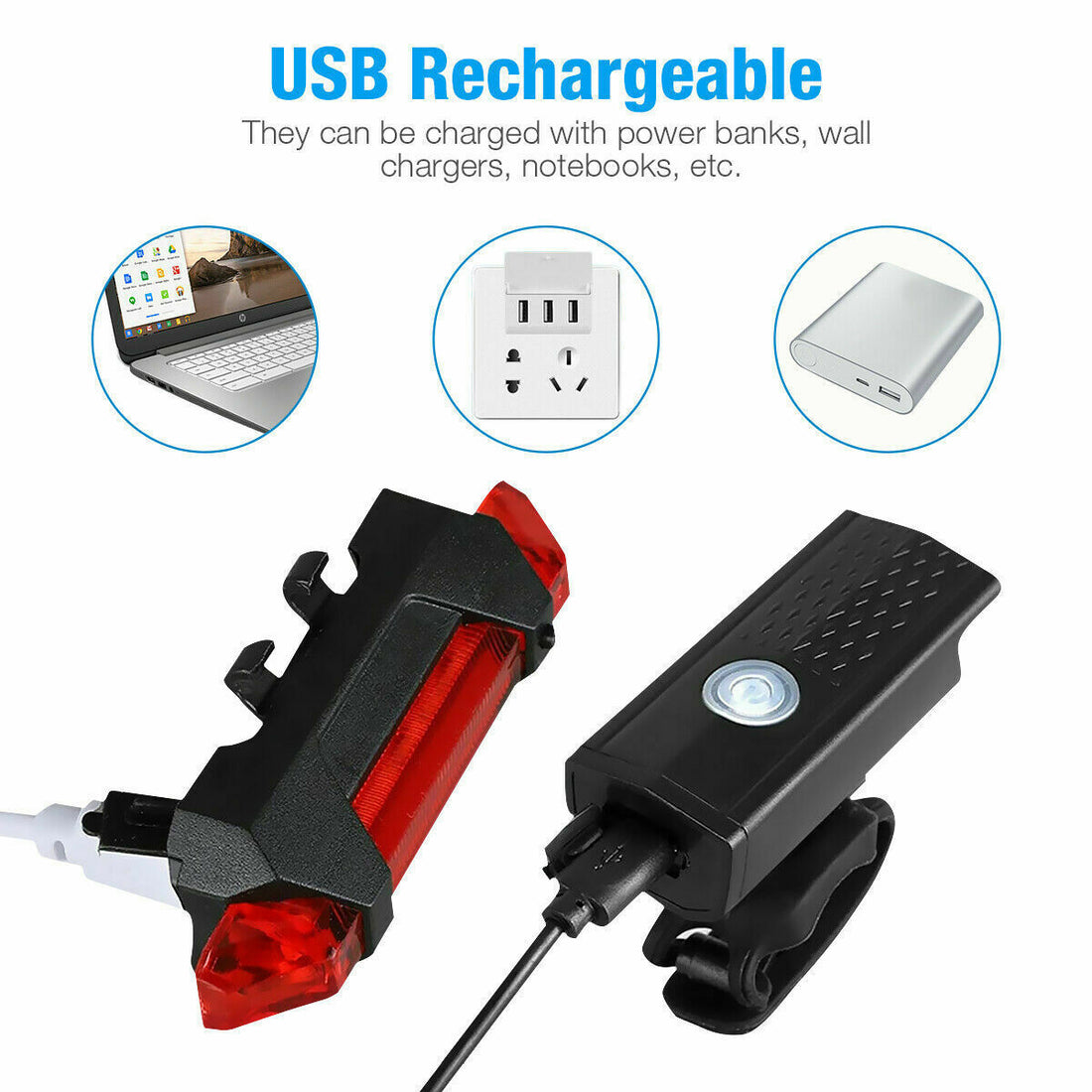 Phare de vélo à LED rechargeable par USB, éclairage de vélo, éclairage avant et arrière, éclairage de vélo à LED rechargeable par USB, résistant à la pluie 